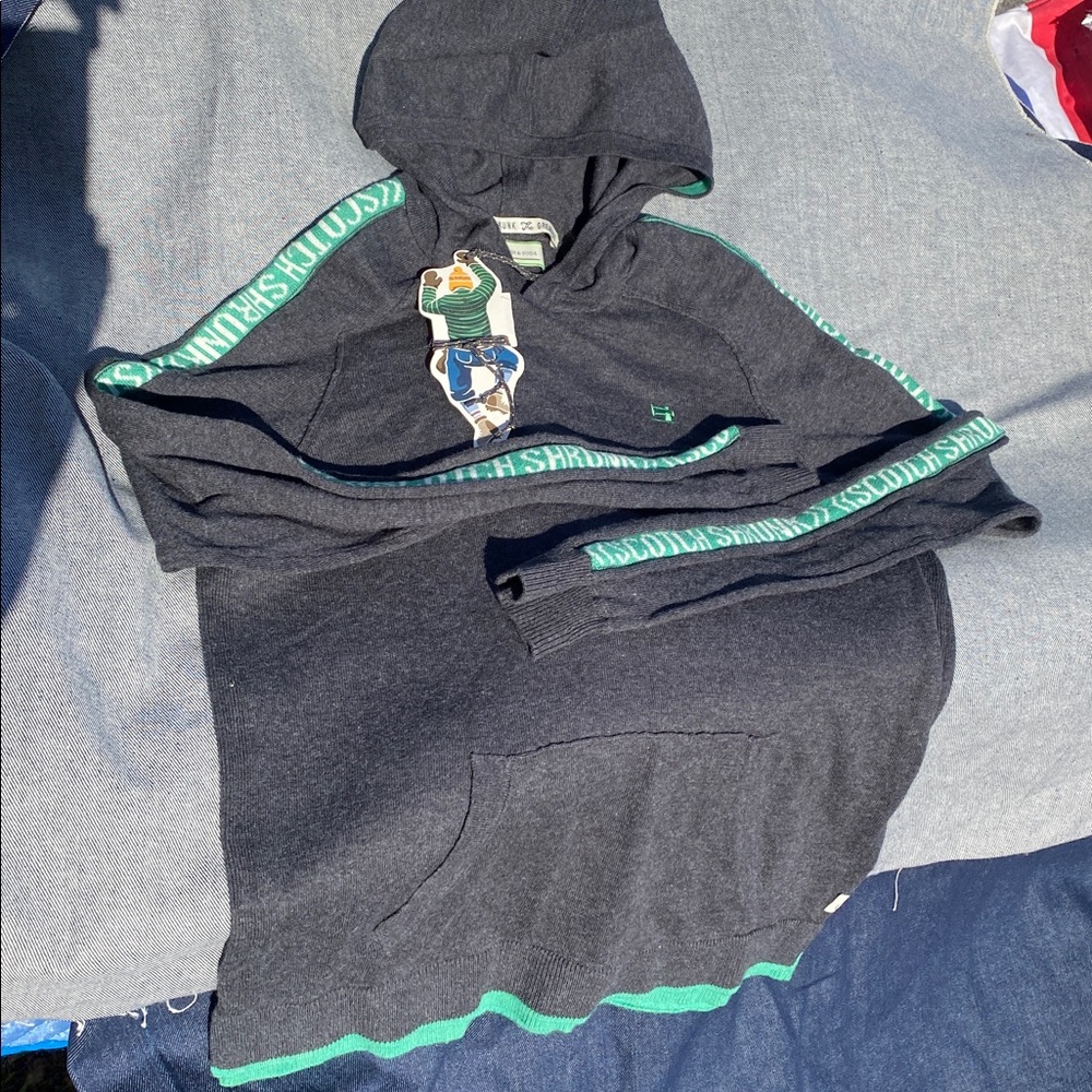 Scotch & Soda Charcoal Cotton & Wool Sweater Hoodie with Green logo Trim NWT 14
